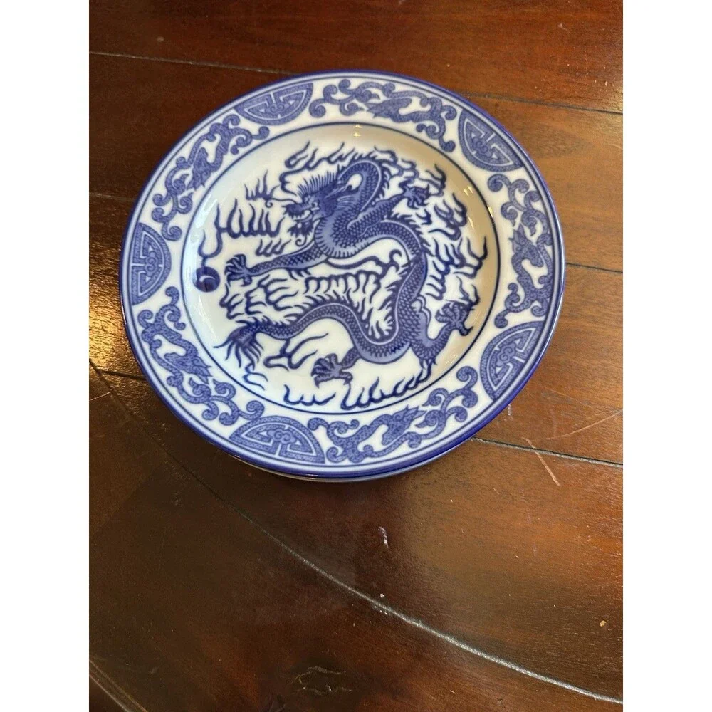 Blue & White China Dragon Motif Plates Bombay Asian Garden Pattern Set Of 4